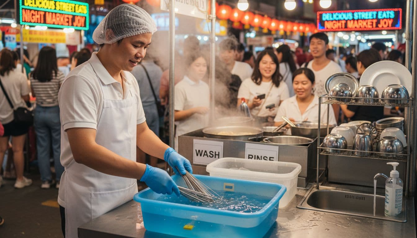 Vendor performing safe dishwashing at a night market