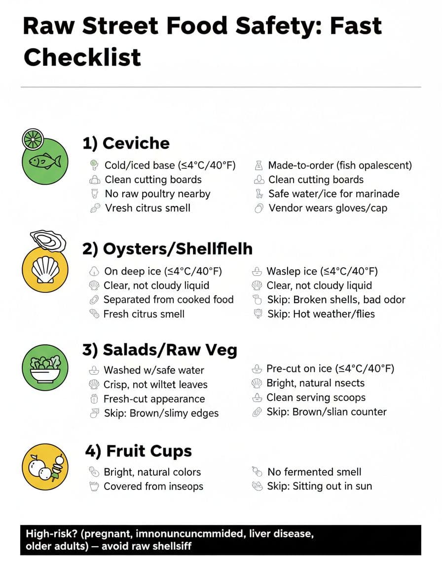 Clean, modern infographic with color-coded checklist for safely eating raw street foods like ceviche, oysters, salads, and fruit cups, focusing on temperature, freshness, hygiene, and vendor cues.
