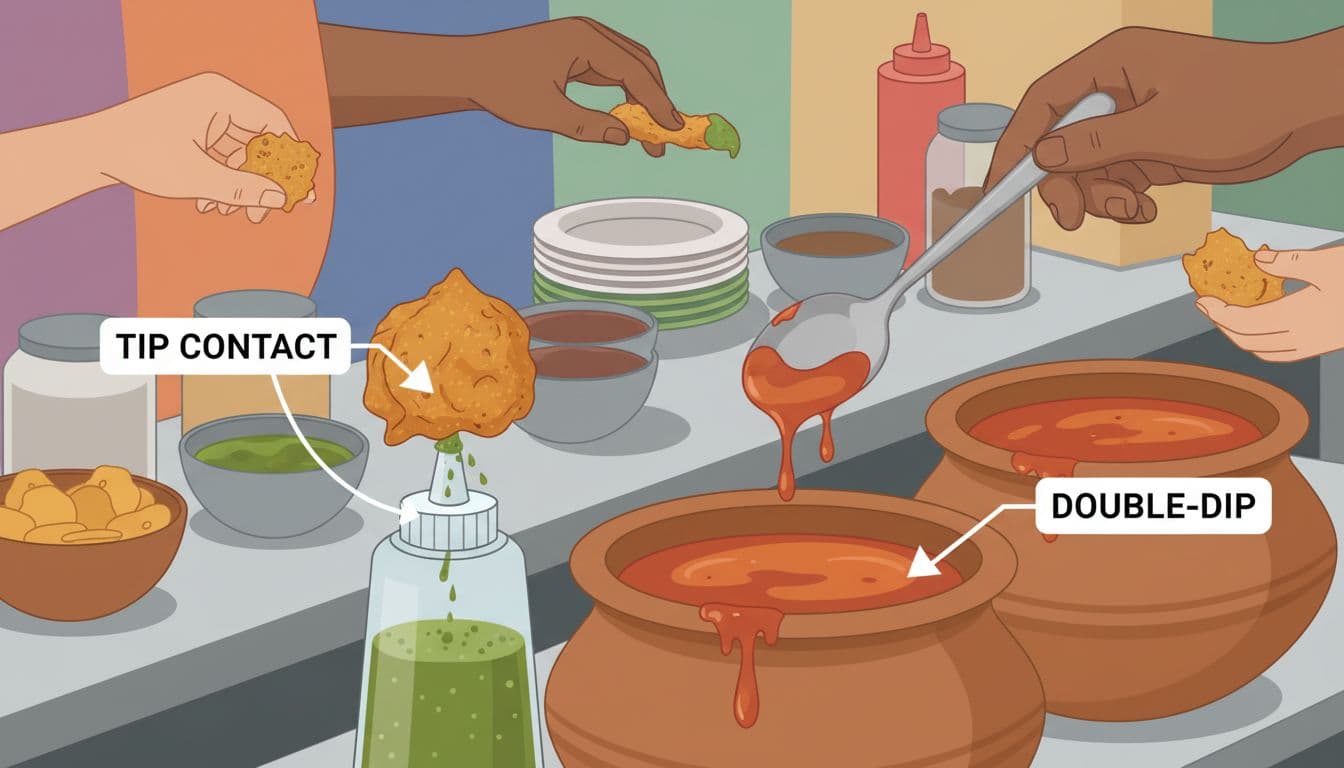 Educational illustration of hygiene risks at street stalls: squeeze bottle nozzle pressed against snack causing backflow, and double-dipping into communal sauce pot.