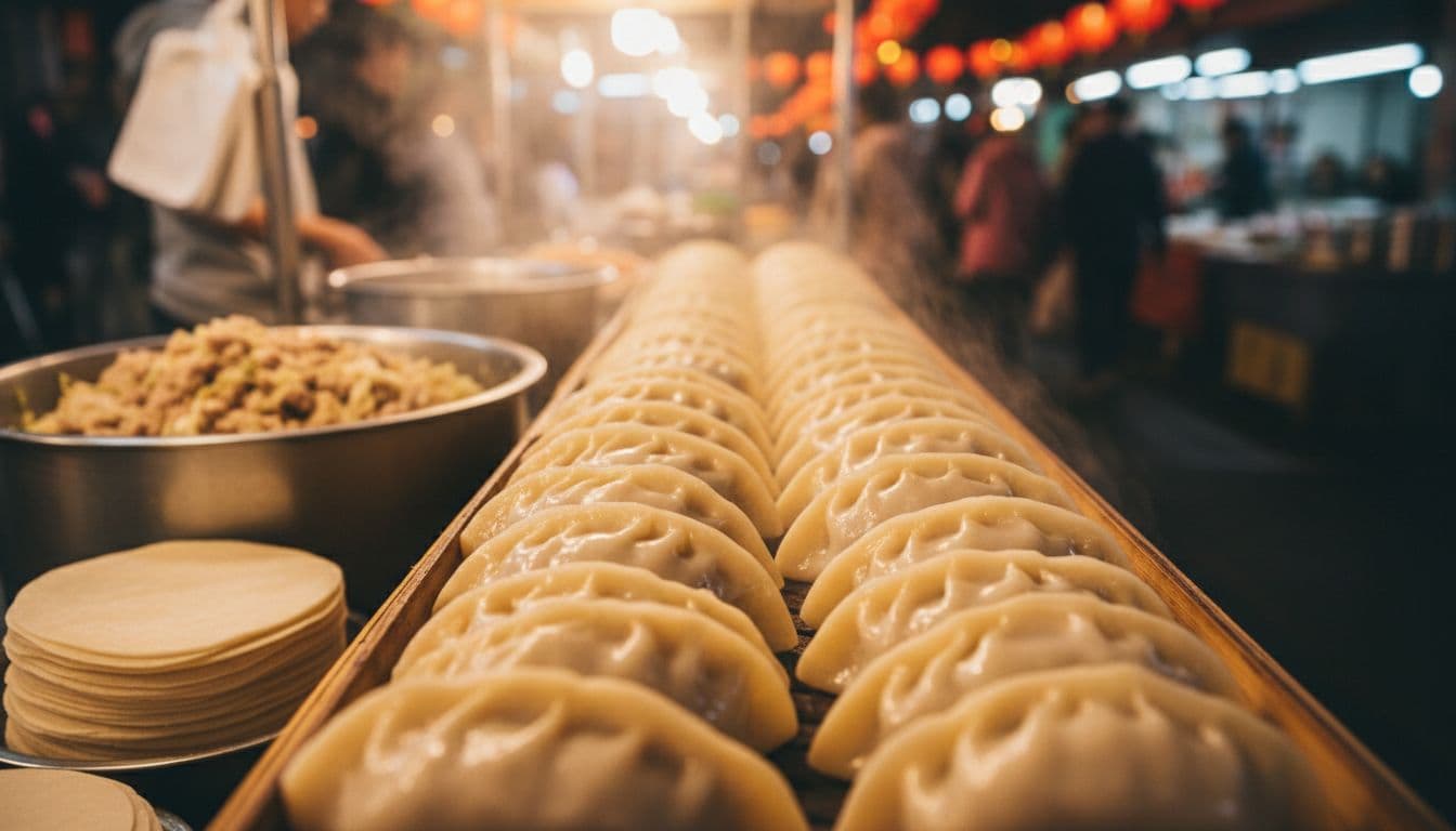 Documentary-style food photography of perfectly finished steamed dumplings on a bamboo steamer tray at a bustling night market street stall, with warm tungsten lighting and subtle steam wisps.