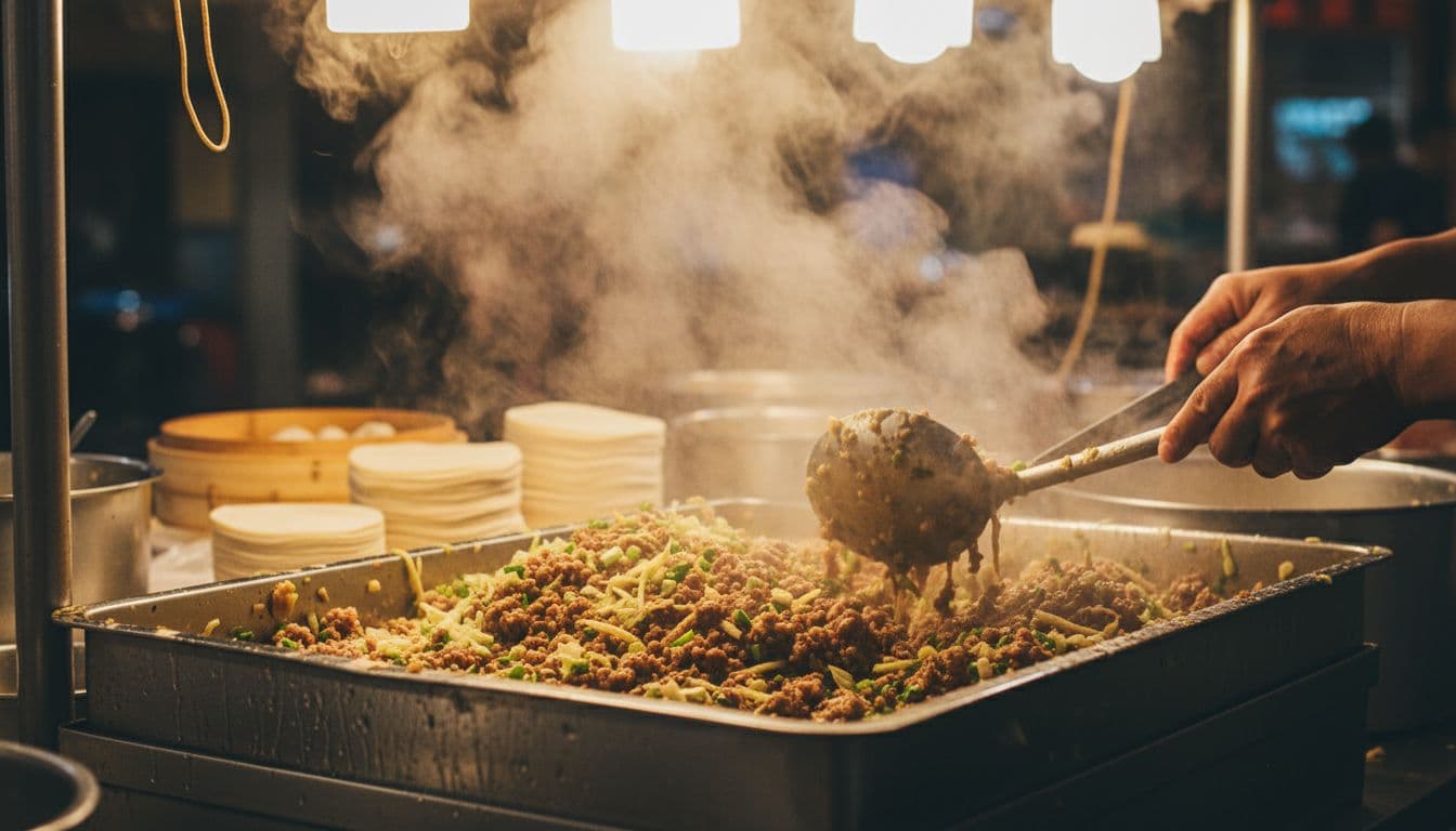 Close-up documentary-style food photography of hot dumpling filling on a metal tray at a vibrant night market stall, steam rising with condensation droplets and blurred background.