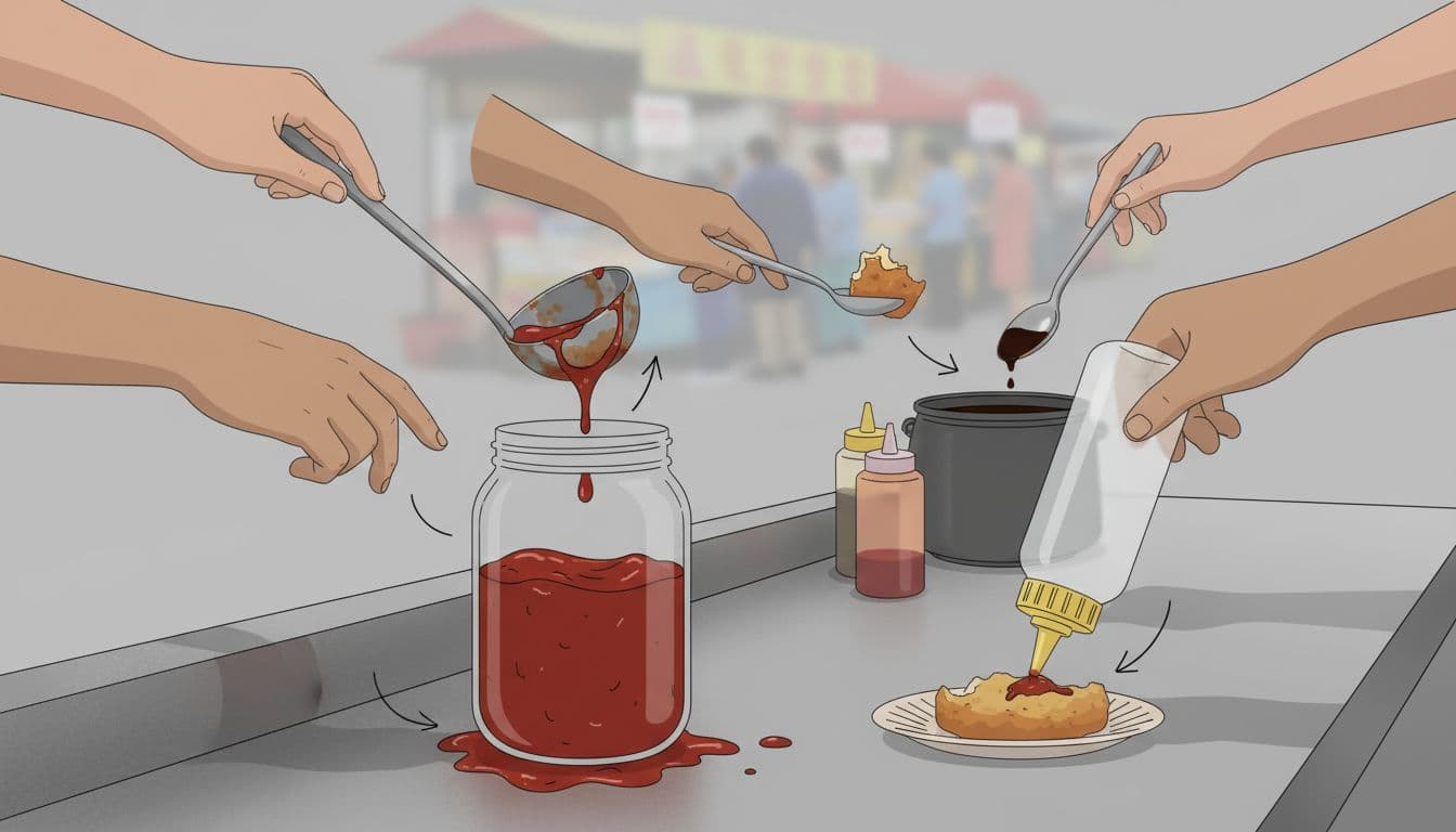 Educational editorial illustration depicting contamination hazards at a street food stall condiment station, featuring a shared ladle in an open chili sauce jar, dripping sauce, nozzle tip touching food, and double-dipping spoon.