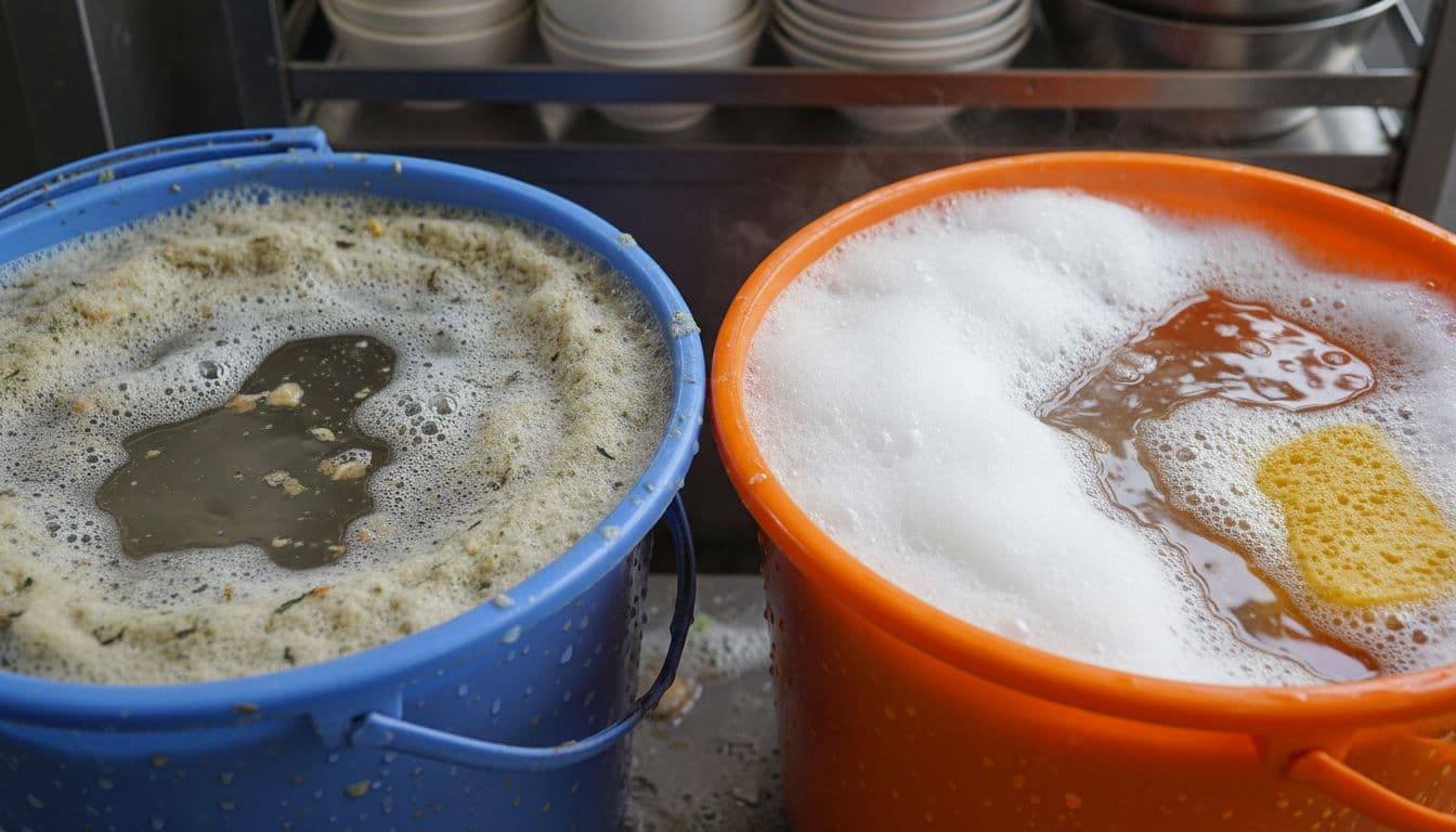 Close-up of clean foam versus dirty foam in dishwashing buckets