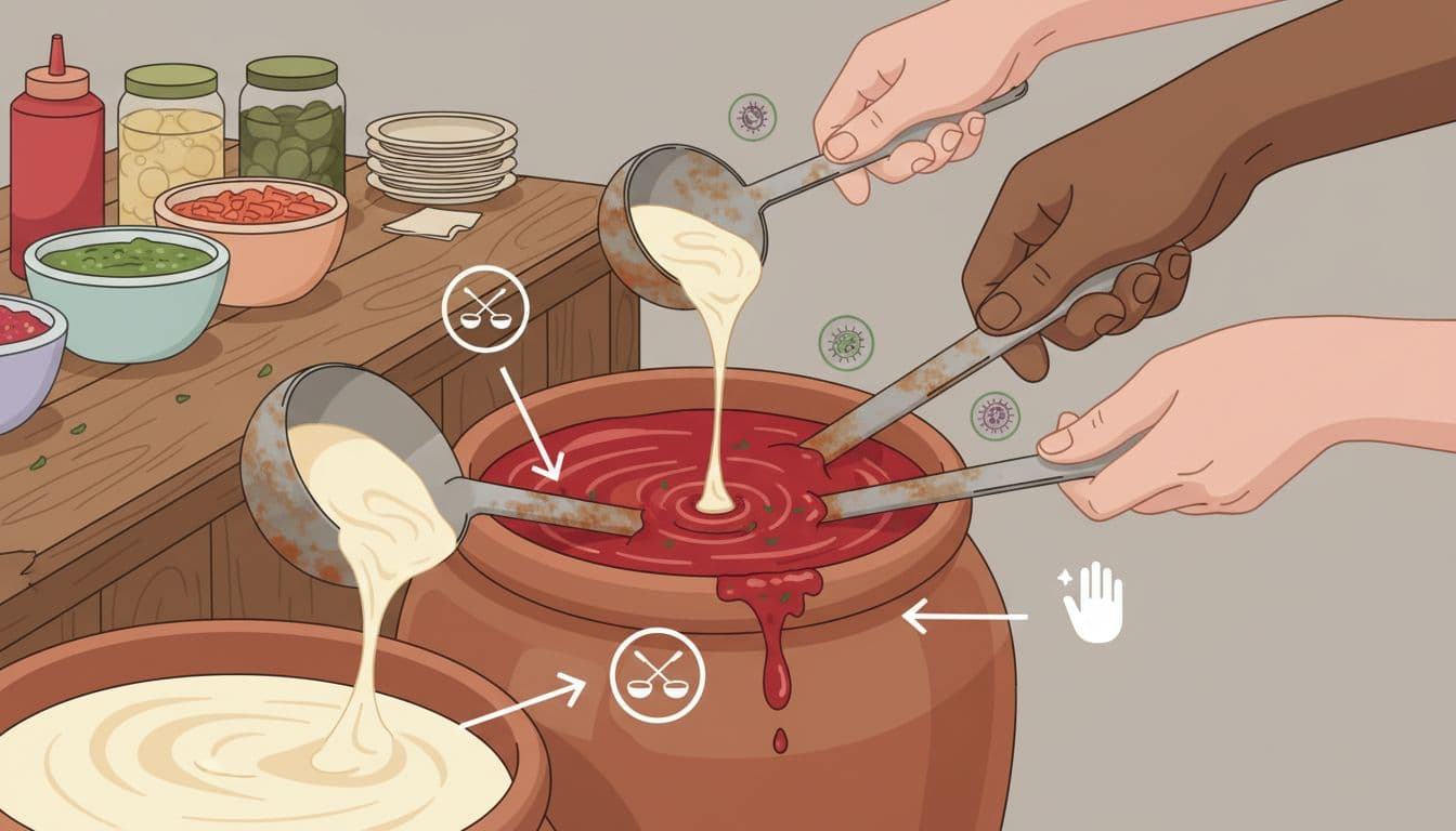 Educational illustration of rusty ladle submerged in tomato sauce jar with cross-mixing from another ladle, residue-covered hands grabbing it, and bacteria icons at contact points, set on a street food stall counter.