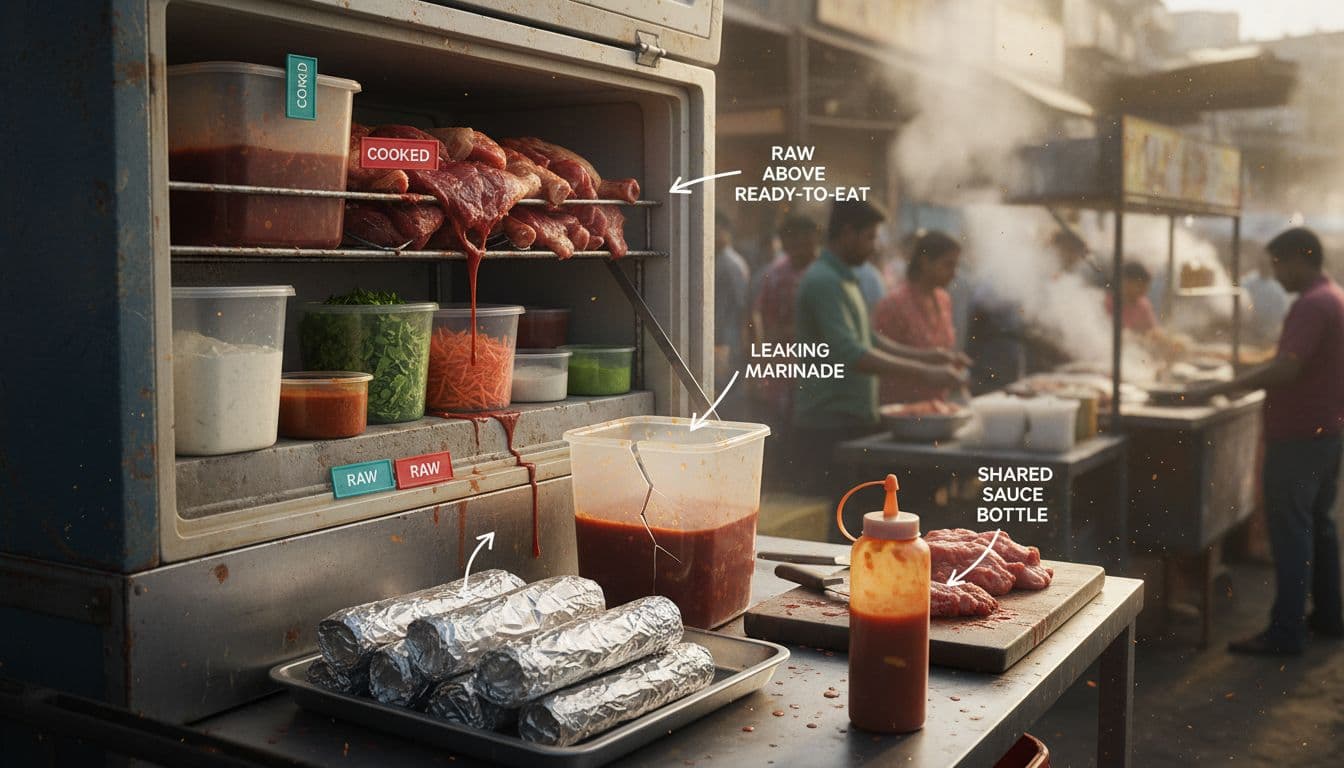 Realistic documentary-style photo of a busy street food stall's cooler setup from a side angle, highlighting cross-contamination hazards like raw meat above ready-to-eat vegetables, leaking marinade, and shared sauce bottles.