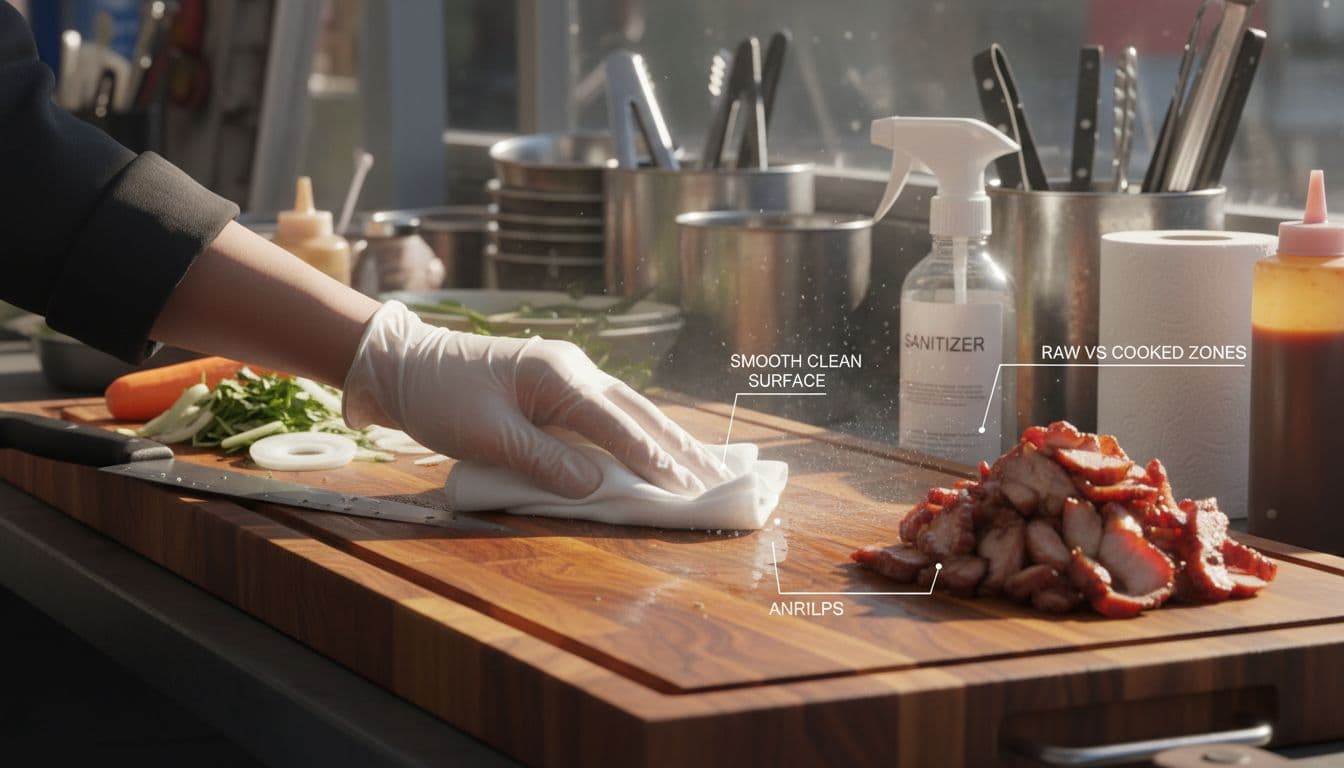 Close-up of gloved vendor hand wiping a wooden cutting board at a street food stall, clearly separating raw vegetable scraps from cooked meat slices with hygiene elements like sanitizer and labels.