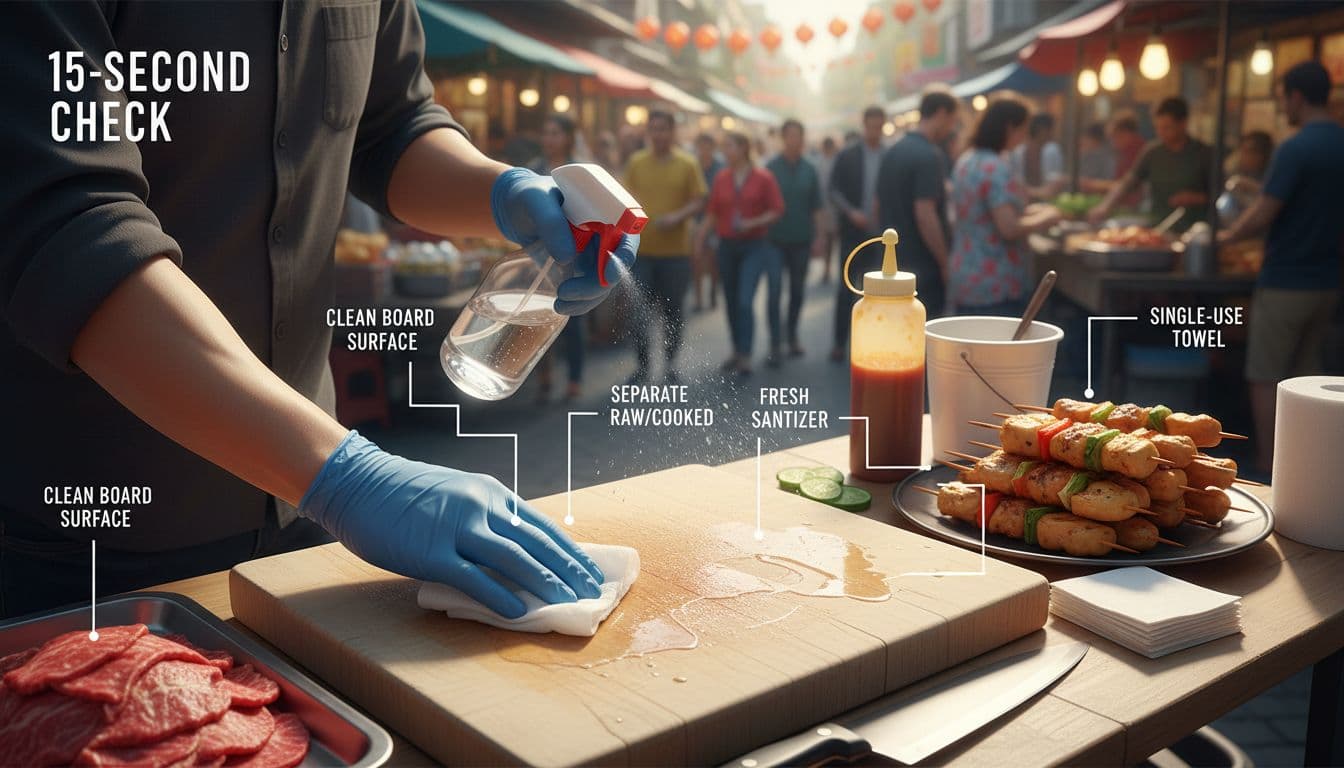 Overhead 3/4 angle view of a street food vendor's gloved hands spot-cleaning a cutting board with sanitizer wipe at a prep station, featuring separated raw/cooked areas and labeled hygiene points like clean surface and fresh sanitizer.