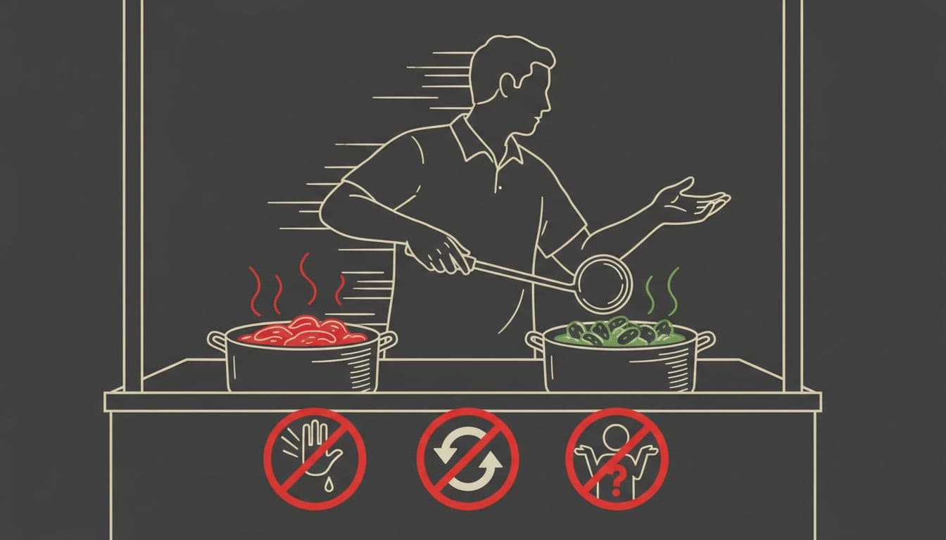 Illustrative cautionary graphic depicting hygiene red flags at a street food stall, such as a shared ladle for meat and veg, evasive vendor silhouette, and foreground warning icons on a charcoal background.