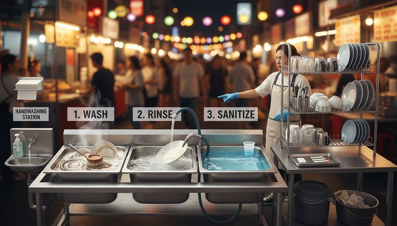 Street food stall wash-rinse-sanitize station