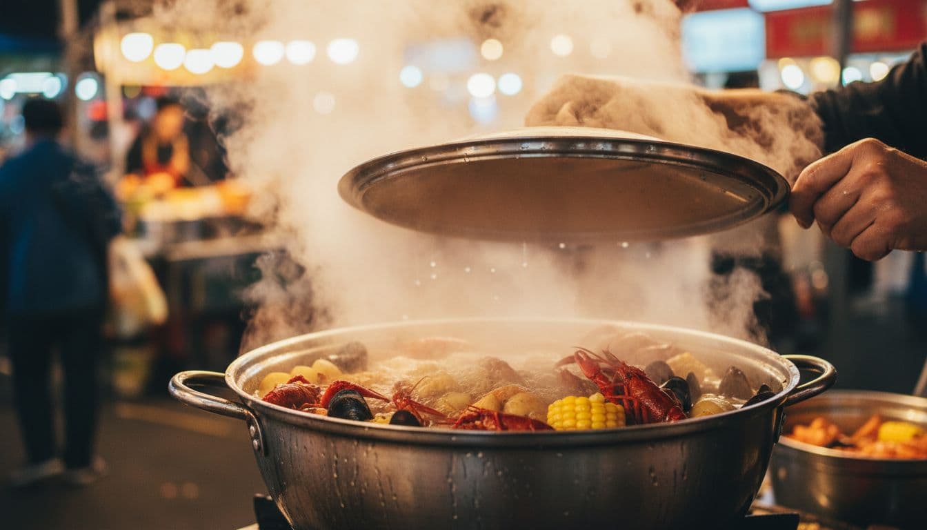 Documentary-style close-up of a street vendor lifting the lid on a stainless steel stockpot over a gas burner at a night market, revealing forceful steam escaping from a vigorous seafood boil with bubbles and condensation.