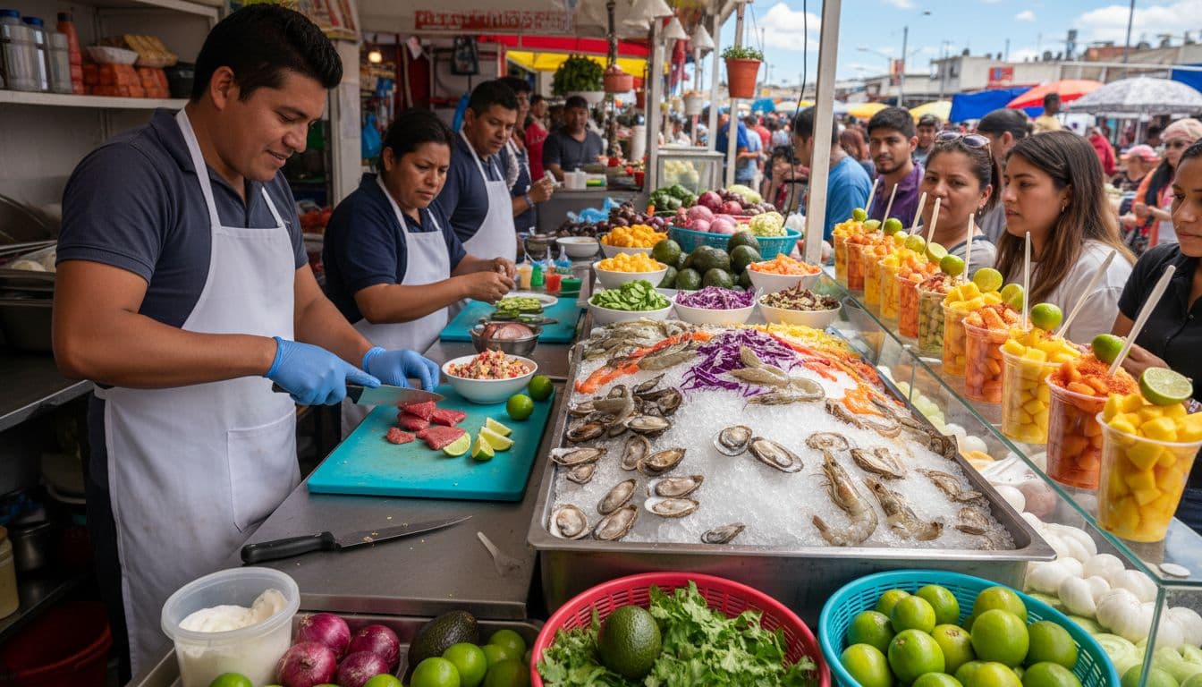 Vendor in clean apron prepares fresh ceviche by slicing raw fish and adding limes at a hygienic street food stall in a bustling Latin American market, with ice-filled trays of oysters and shellfish, colorful salads, fruit cups, and eager customers.
