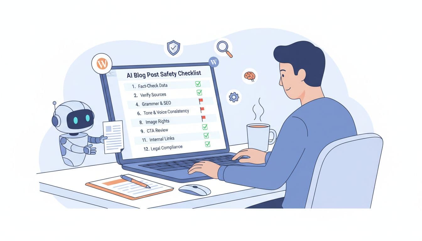 WordPress blogger reviewing an AI blog post with a safety checklist on screen