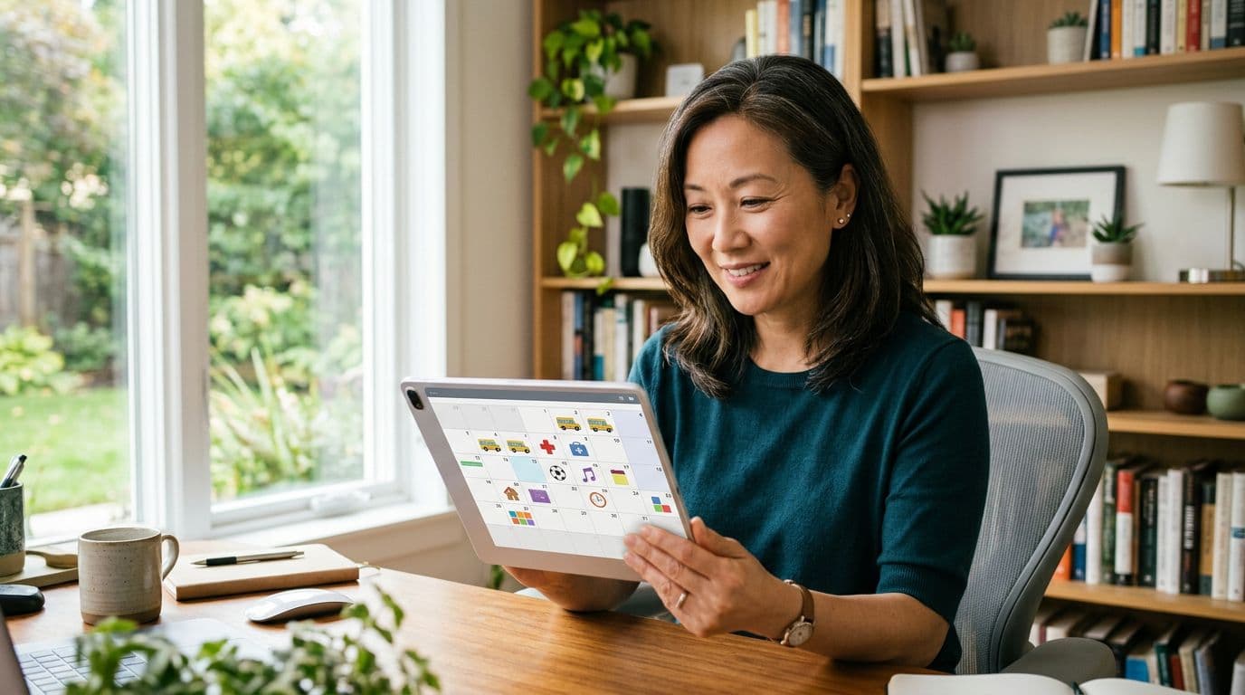 Realistic image of an Asian professional woman in her 40s in a modern home office, smiling with relief while setting up a shared family calendar on a tablet, with visible icons for school events and appointments under natural daylight.