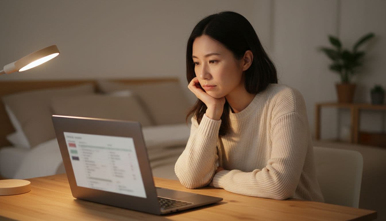 Realistic lifestyle photo of an Asian professional woman in her 30s sitting at a desk in a quiet evening bedroom workspace, thoughtfully looking at her laptop screen while reviewing journal history with chin resting on hand.