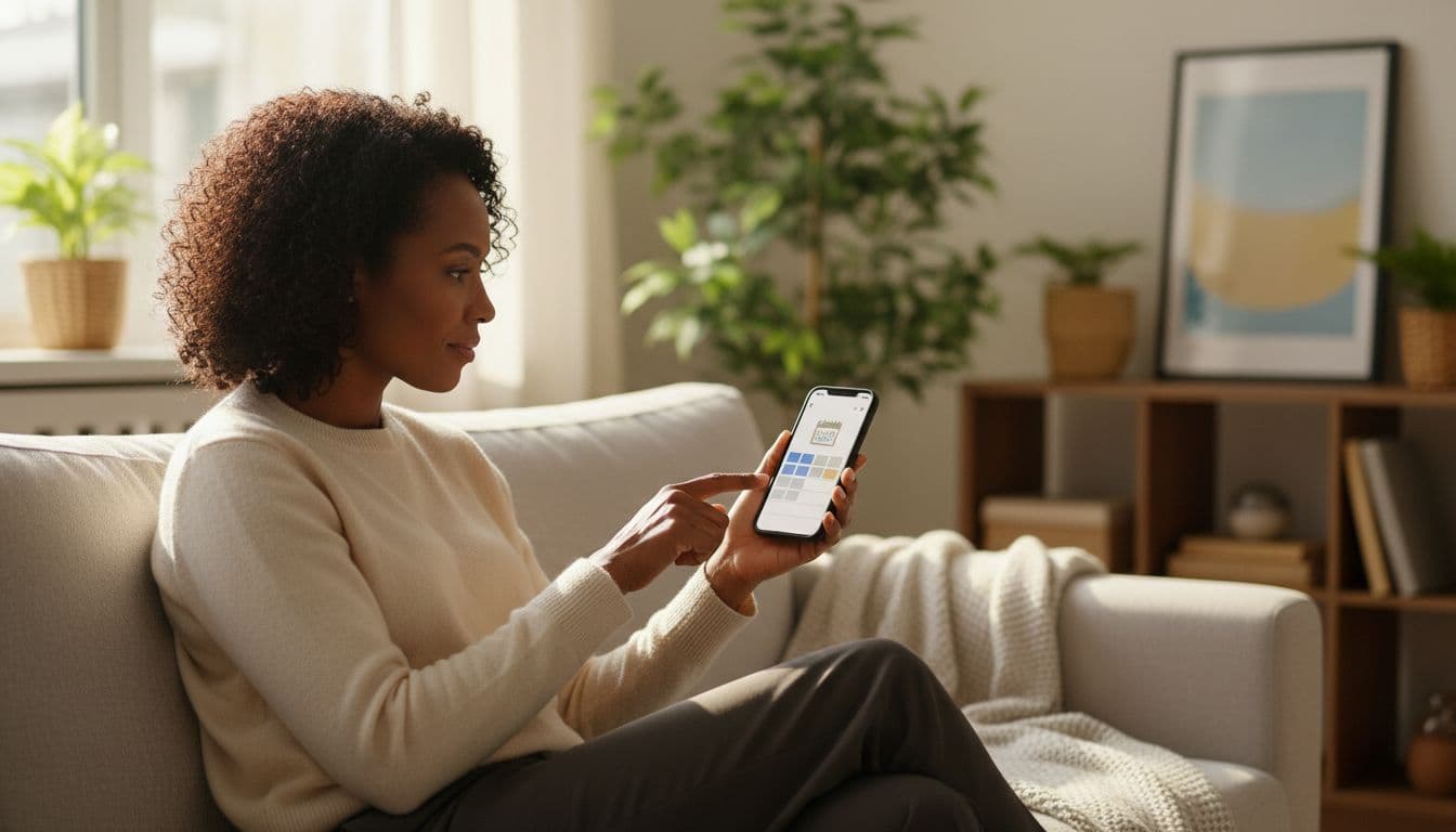 A Black professional woman in her late 30s, relaxed on a couch in a bright living room, marks a calendar on her phone with a focused, calm expression amid natural afternoon light.