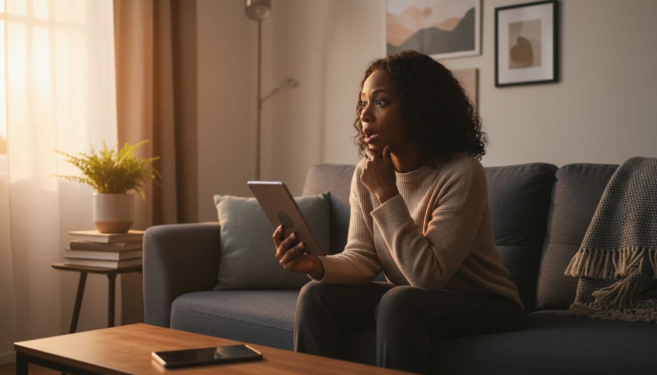 A Black professional woman in her mid-30s sits on a comfortable couch in a quiet living room, holding a tablet with a thoughtful aha expression as she reviews personal insights in natural evening light.