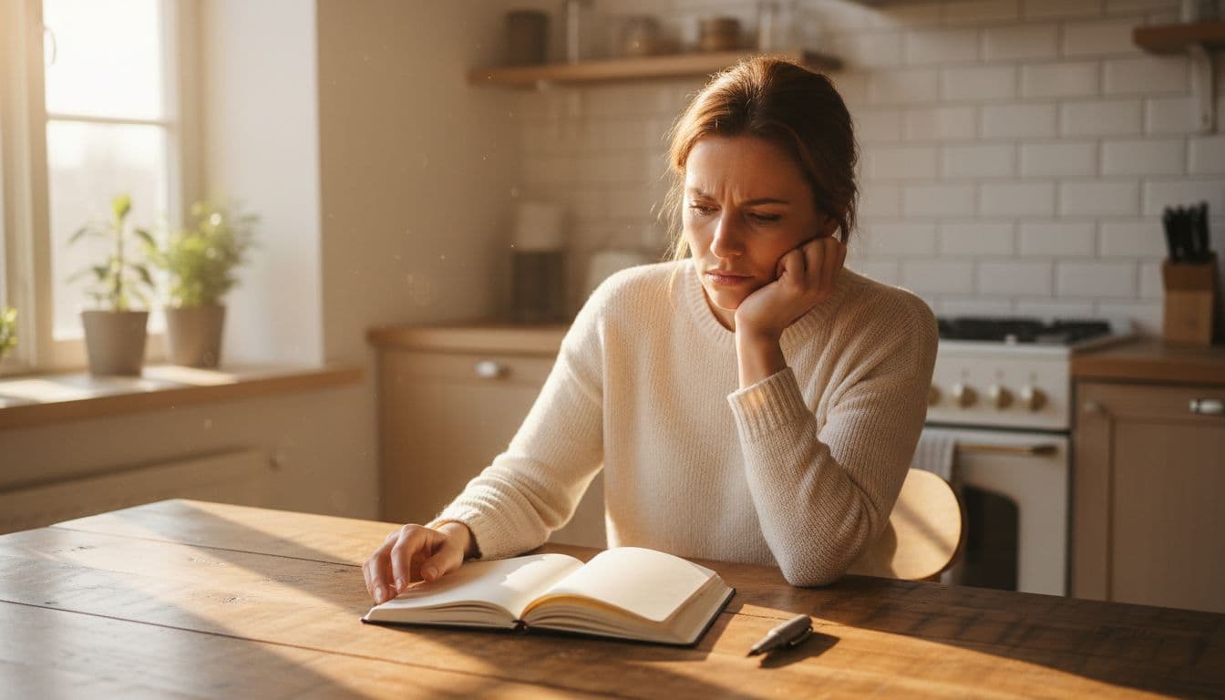 A professional White woman in her late 30s sits at a wooden kitchen table in a bright home kitchen, staring frustrated at an open blank journal page with hand on chin and puzzled expression, morning sunlight through window.