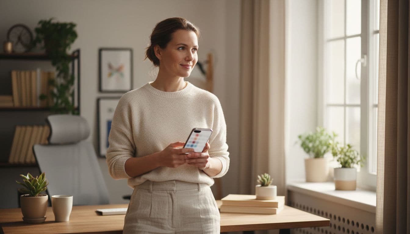 A confident woman in her mid-30s stands relaxed in a sunny home office, holding a phone with a blurred calendar app open, smiling slightly as she schedules her own health appointment first.