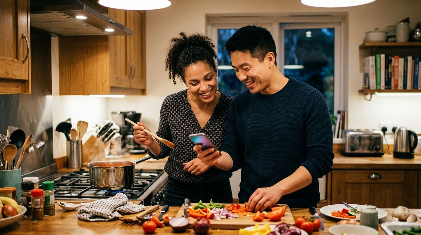 Mixed-race mom and partner engagedly review a shared document on phone screens while prepping family dinner in a warm kitchen, relaxed poses, no children or text visible.