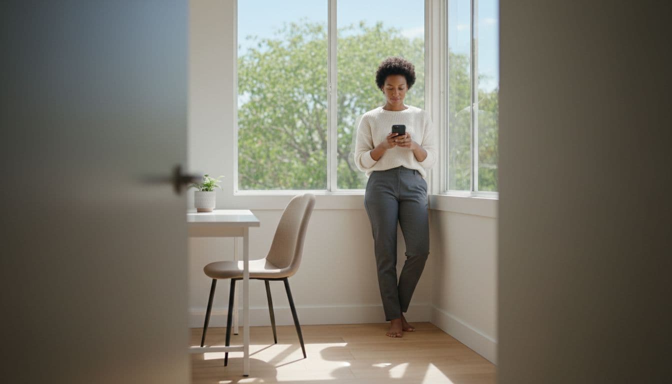 A diverse professional woman stands relaxed by the window in a modern home office, calmly checking her phone with a focused expression, illustrating not responding after hours. Protecting your evening with a simple work-hours boundary, created with AI reducing career mental load.