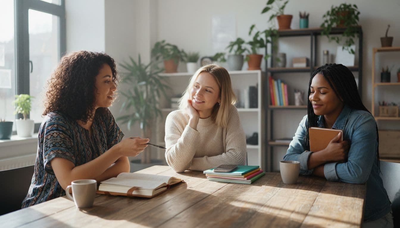 Three diverse professional women in casual work attire gather around a table in a bright community space, discussing journals and phones with engaged natural smiles under soft daylight.