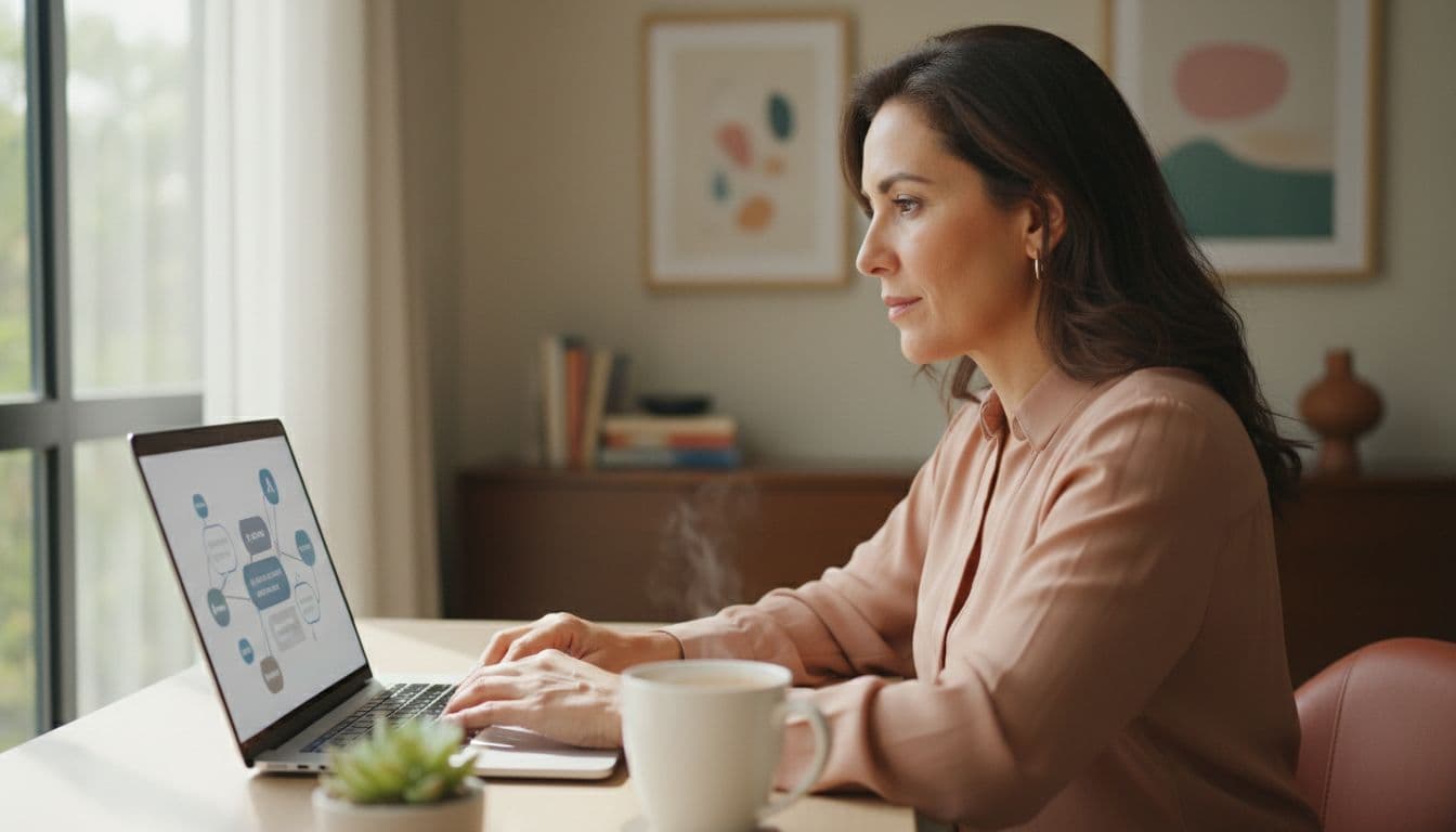 A professional Latina woman in her 40s types on a laptop showing a ChatGPT-like AI interface at an angle in her sunlit home office, with a thoughtful expression and coffee mug nearby.