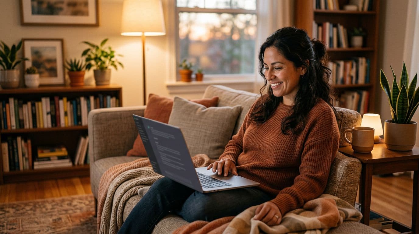 Realistic landscape image of a Latina mom in her 30s on a couch in a cozy living room, pasting a brain dump list into a blurred ChatGPT screen on her laptop at an angle, with a relieved expression as she organizes parenting tasks under soft evening lighting.