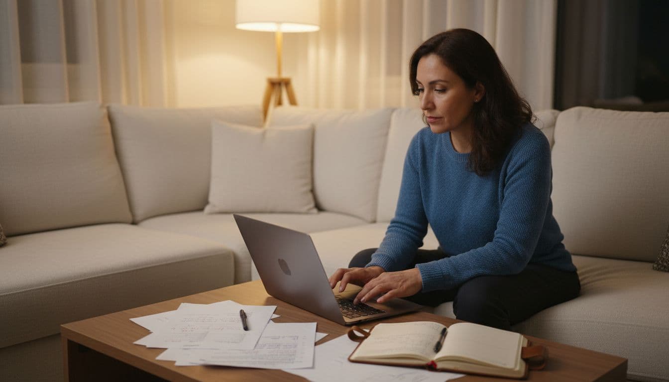 A Latina woman in her 40s sits comfortably on a living room couch, typing personal data from her journal notes into a laptop for AI pattern analysis, with a thoughtful focused expression in soft evening light.
