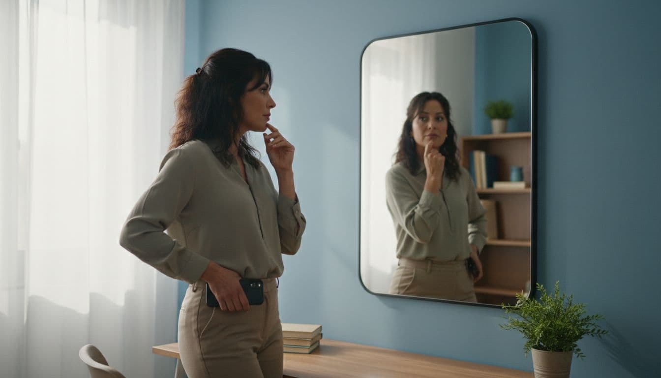 A Latina professional woman in her 40s stands thoughtfully in a modern home office, gazing at her reflection in a wall mirror while loosely holding her phone, bathed in soft natural light for a calm, supportive atmosphere.