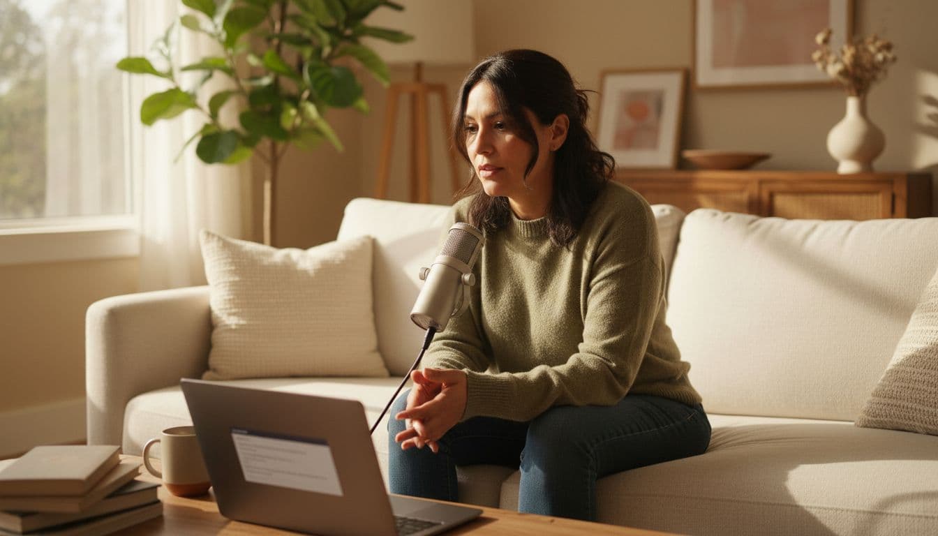 Realistic lifestyle photo of a Latina professional woman in her 40s sitting on a couch in a sunlit living room, thoughtfully dictating a voice journal entry into her laptop microphone.