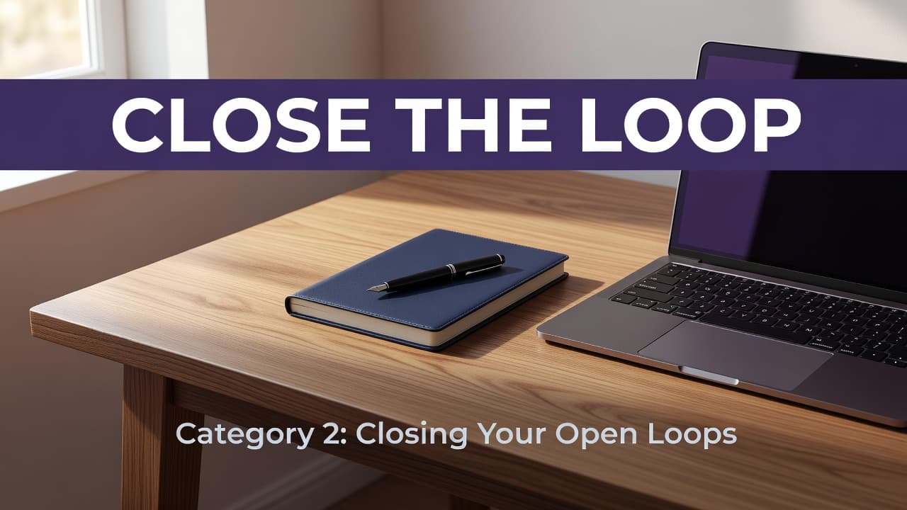 A single planner and pen rest neatly on a clean wooden desk surface next to a laptop. A dark purple horizontal banner with bold white text overlays the top edge.