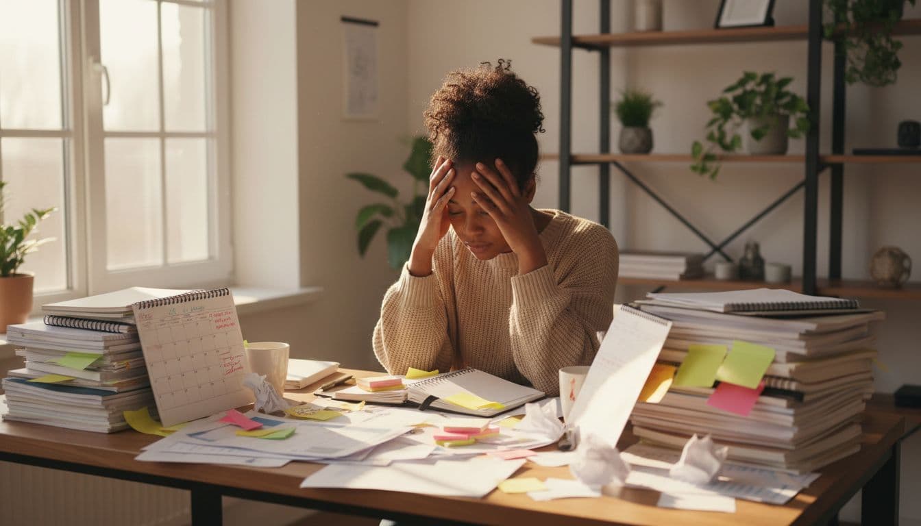 A Black professional woman in her 30s sits with hands on her forehead, looking tired and overwhelmed in a bright home office. Her desk is cluttered with stacks of notebooks, planners, sticky notes, calendars, and to-do lists, illuminated by natural daylight, visualizing mental overload from excessive Q1 goals needing a harvesting reset.