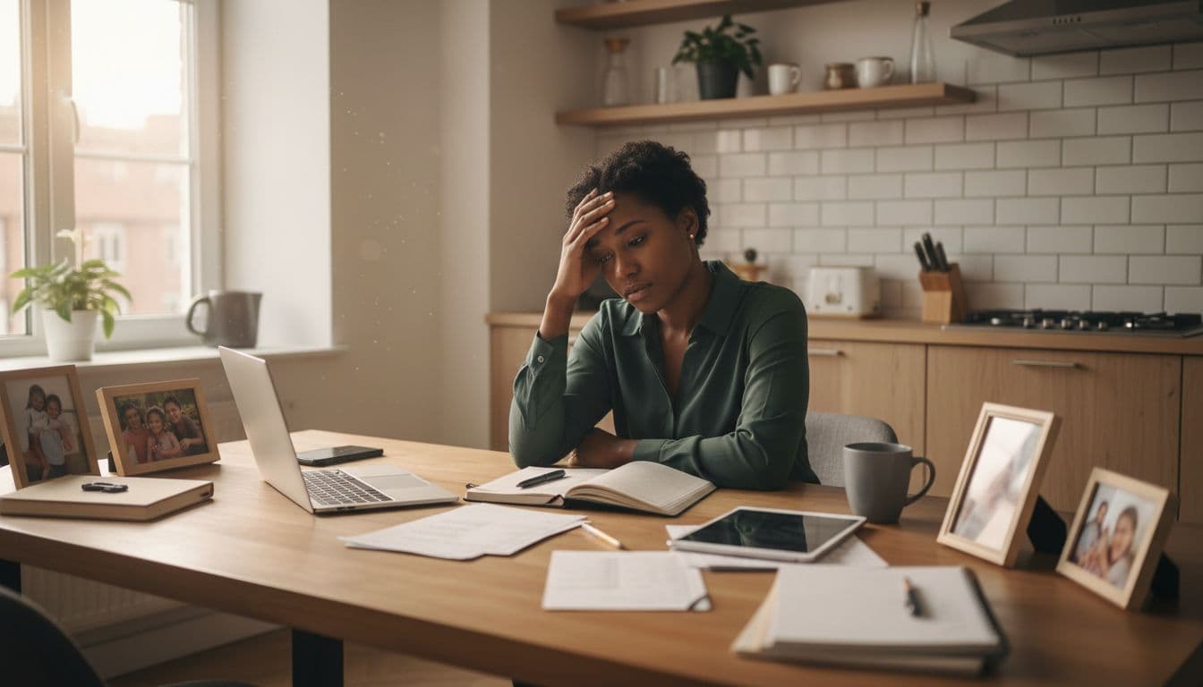 Realistic photo of a Black woman in her 30s sitting at a cluttered kitchen table with laptop, notebooks, and family photos, looking overwhelmed in mental load with hand on forehead in soft morning light.
