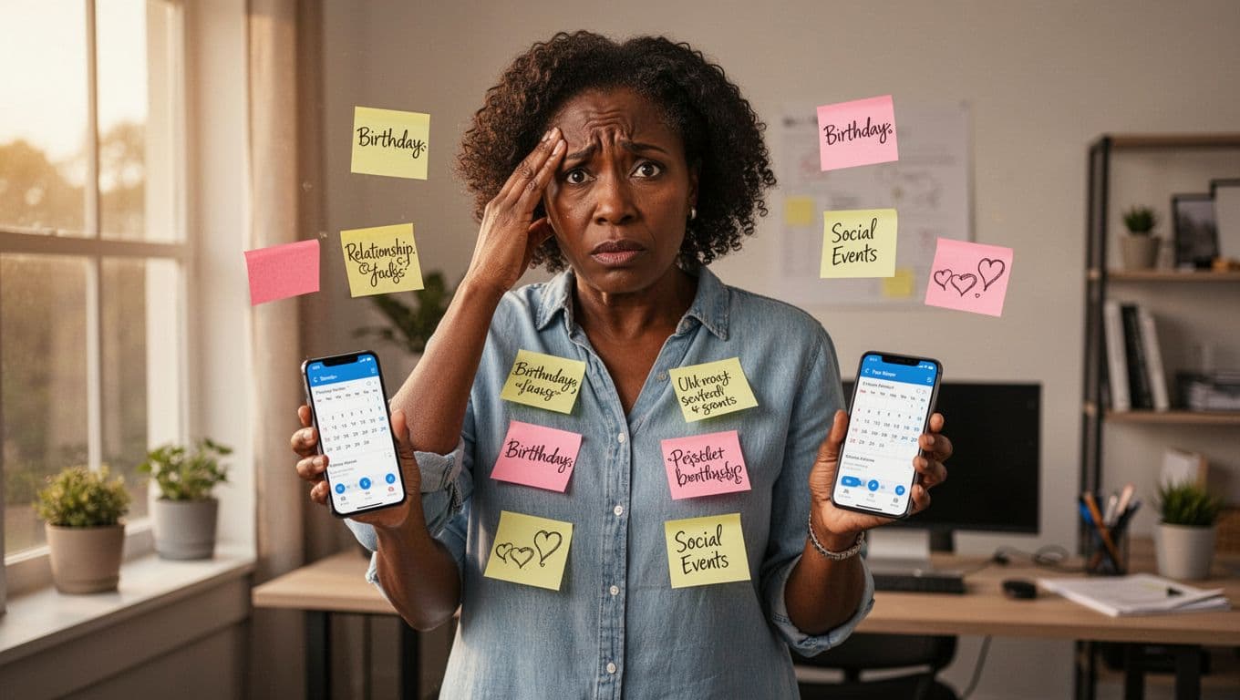 A realistic landscape photo of a Black woman in her 40s looking stressed in a modern home office, holding a phone calendar app and sticky notes for birthdays and social events, touching her forehead thoughtfully with soft afternoon light. relationship mental load
