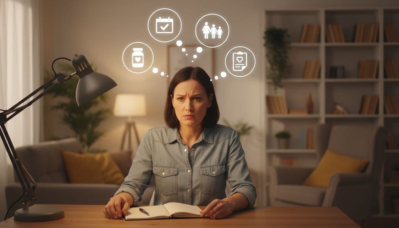 A professional woman in her 30s at a home desk in late evening, looking overwhelmed yet determined, with ethereal thought bubbles showing icons of calendar, pill bottle, medical chart, and family silhouette in cozy lamp light, realistic style. this is health mental load