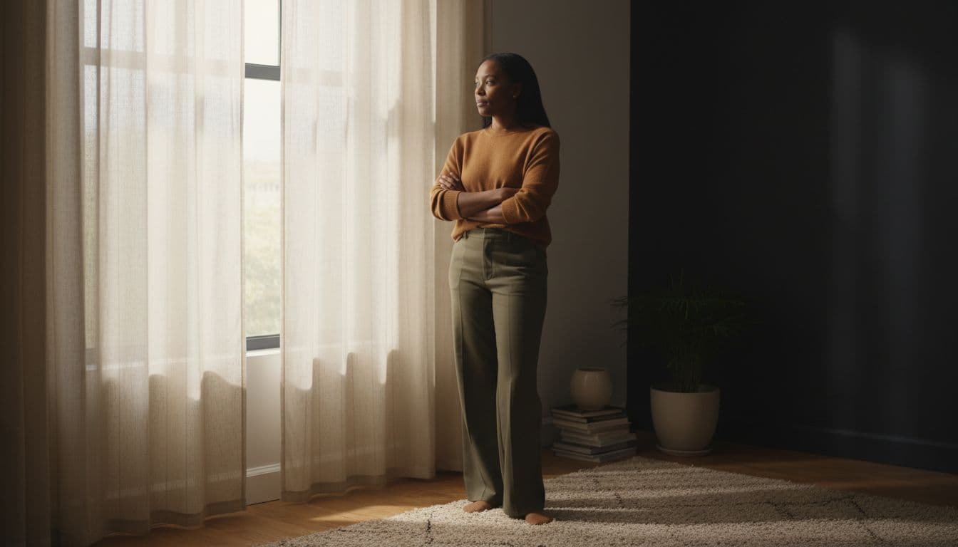 A professional woman in her late 30s stands pensively in a sunlit living room with arms crossed relaxed, gazing out the window with a natural expression of purpose and reflection. Soft morning light filters through curtains in a calming earth-toned setting. Lost yourself