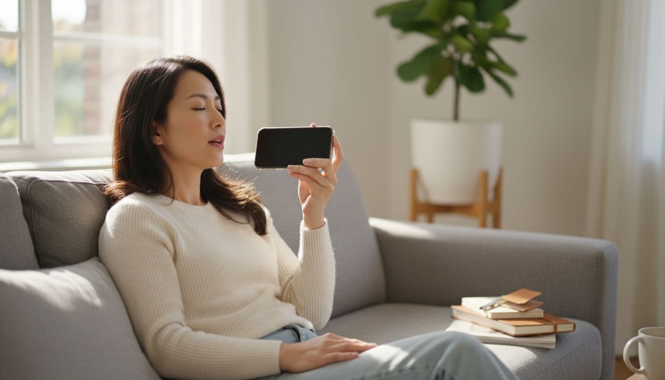A professional Asian woman in her early 40s speaks relaxed into her smartphone microphone in a cozy living room with soft afternoon light, illustrating voice input using AI  journaling to reduce mental load.