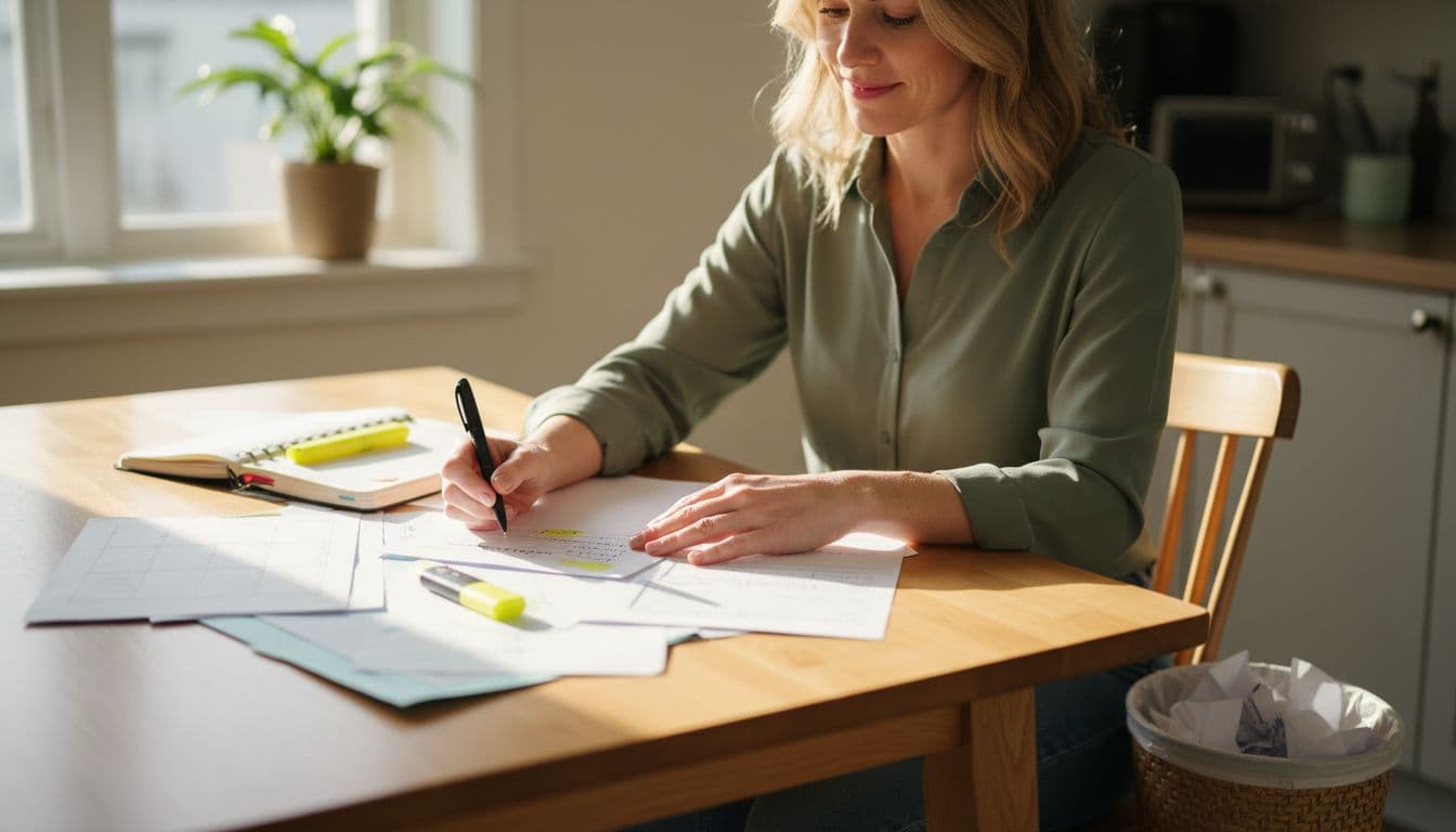 A White professional woman in her 30s at a sunlit kitchen table sorts through papers and notes, crossing out tasks with a pen, discarding some into a nearby trash bin, and highlighting keepers with a calm, relieved expression.
