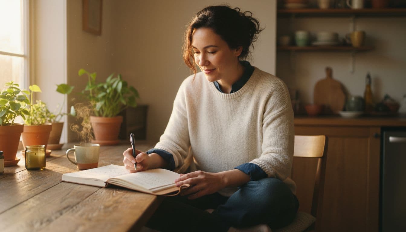A professional woman in her mid-30s with diverse background sits relaxed at a wooden kitchen table in cozy home evening light, writing thoughtfully in an open journal to release personal growth mental load.