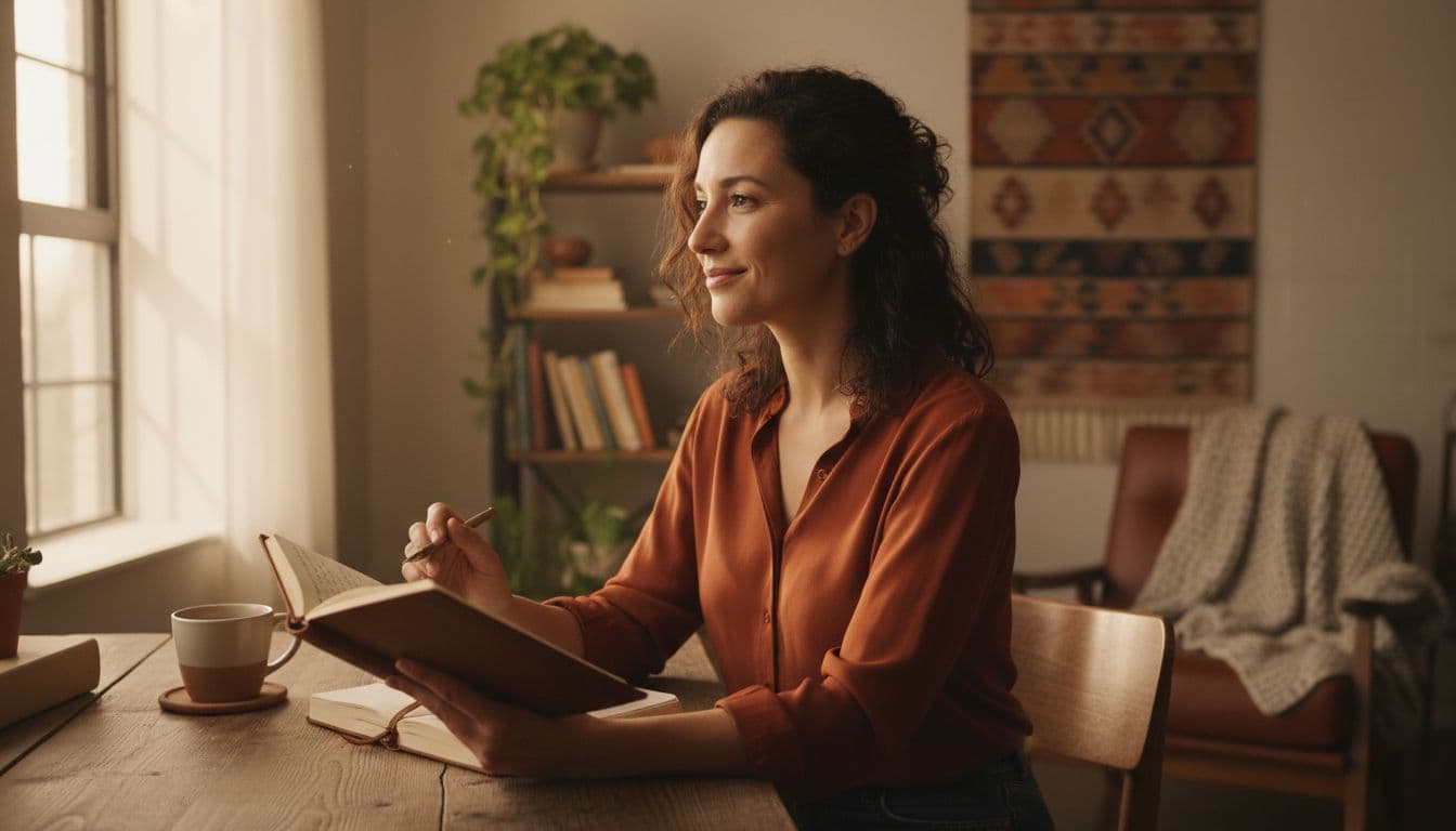 A 35-year-old professional woman with a warm smile sits at a wooden desk in a cozy home office during golden hour, holding an open journal with pen resting on the page, in a relaxed reflective posture.