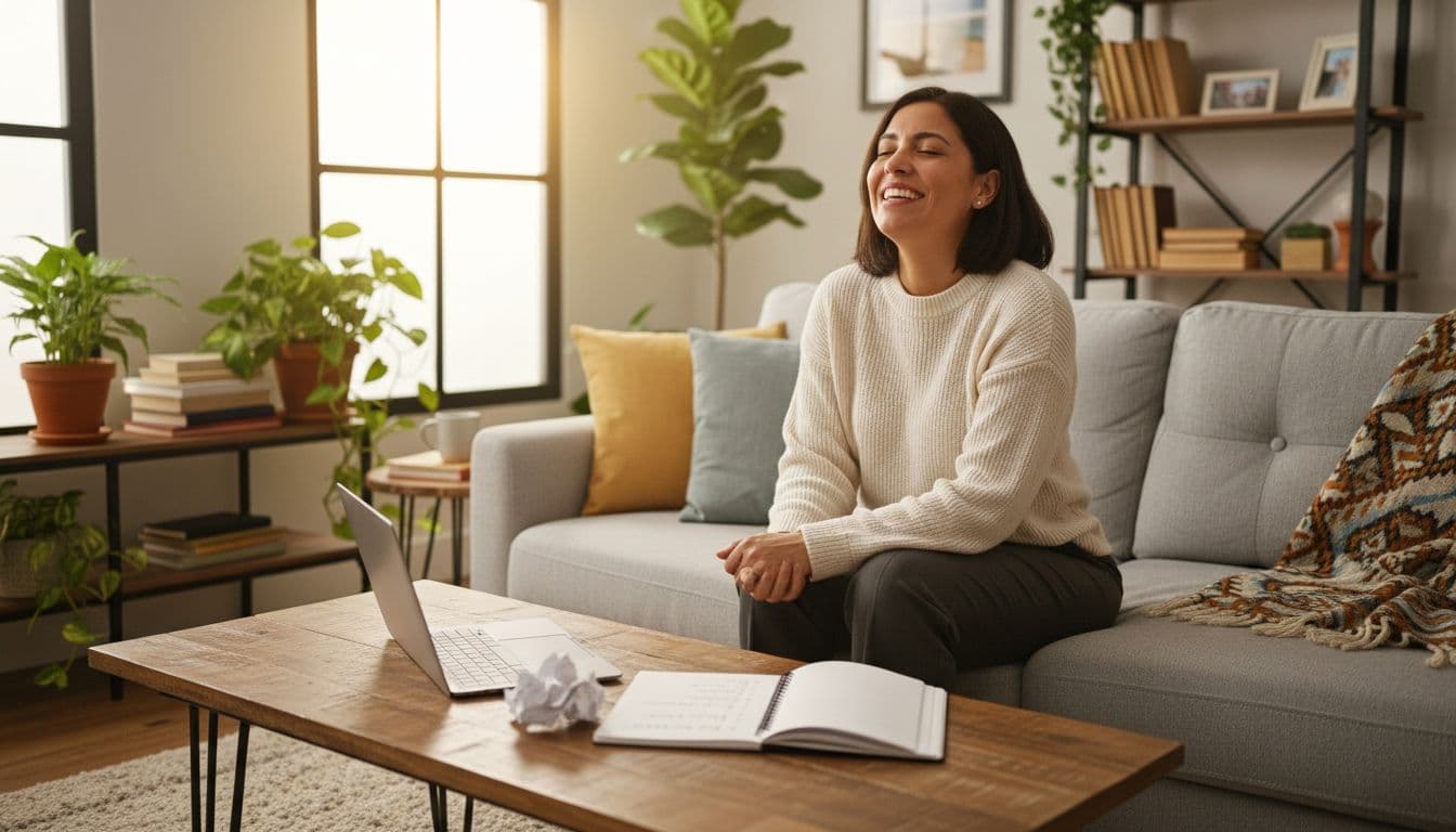 A professional Latina woman smiles in relief in her cozy living room after organizing tasks on paper with a closed laptop nearby, feeling lighter from reduced mental load in warm natural light.