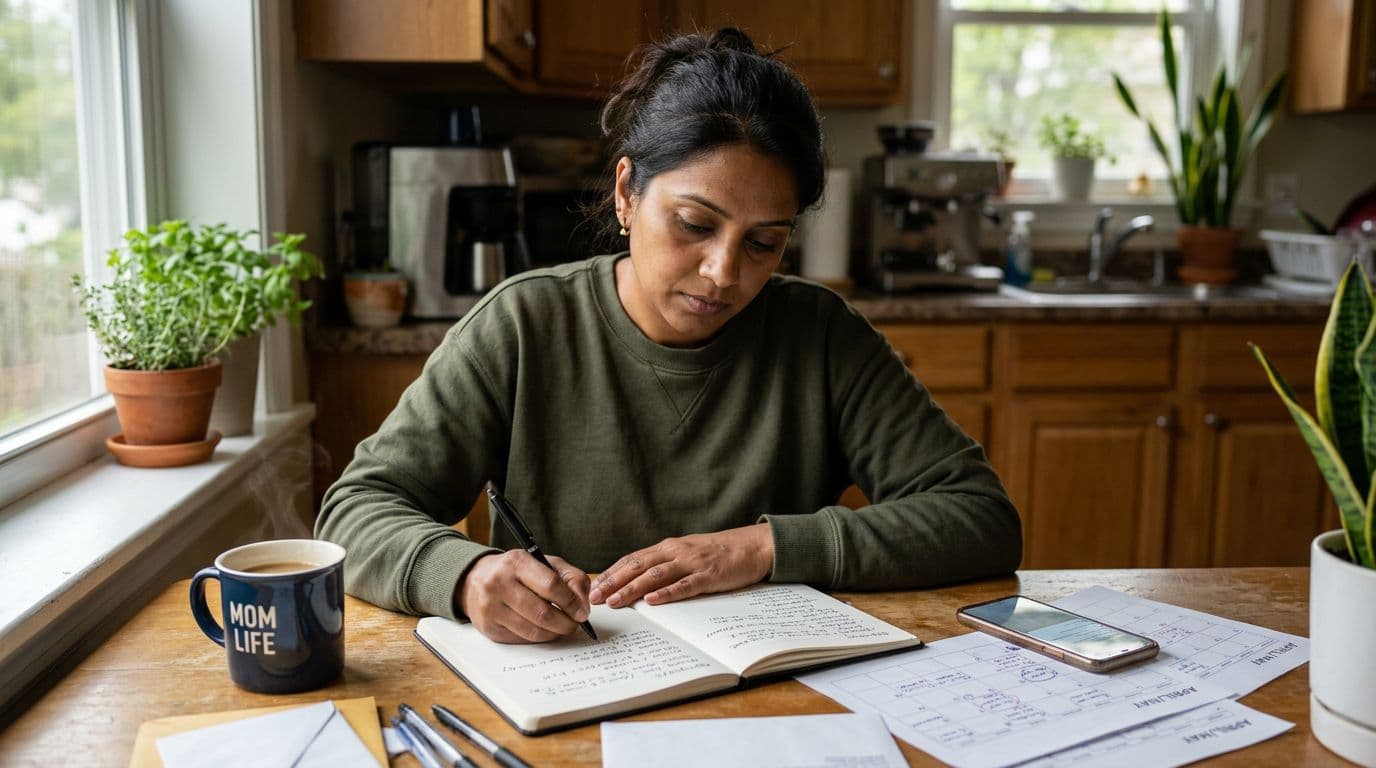 Realistic landscape photo of a single South Asian woman in her late 30s, a multi-role professional, sitting at a cozy kitchen table early morning brain dumping schedules into an open notebook. She looks tired but determined, surrounded by a coffee mug, scattered calendar printouts, and a phone with reminders, in soft natural light through the window.