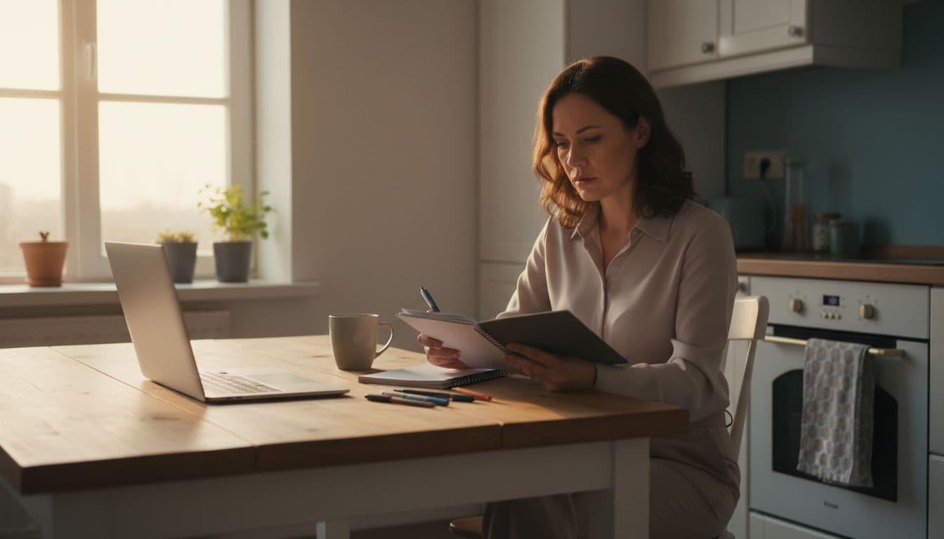 A professional woman in her mid-30s with a thoughtful expression sits at a kitchen table after work, holding a notebook for a brain dump, with a closed laptop nearby and coffee mug in a homey kitchen bathed in soft evening light.