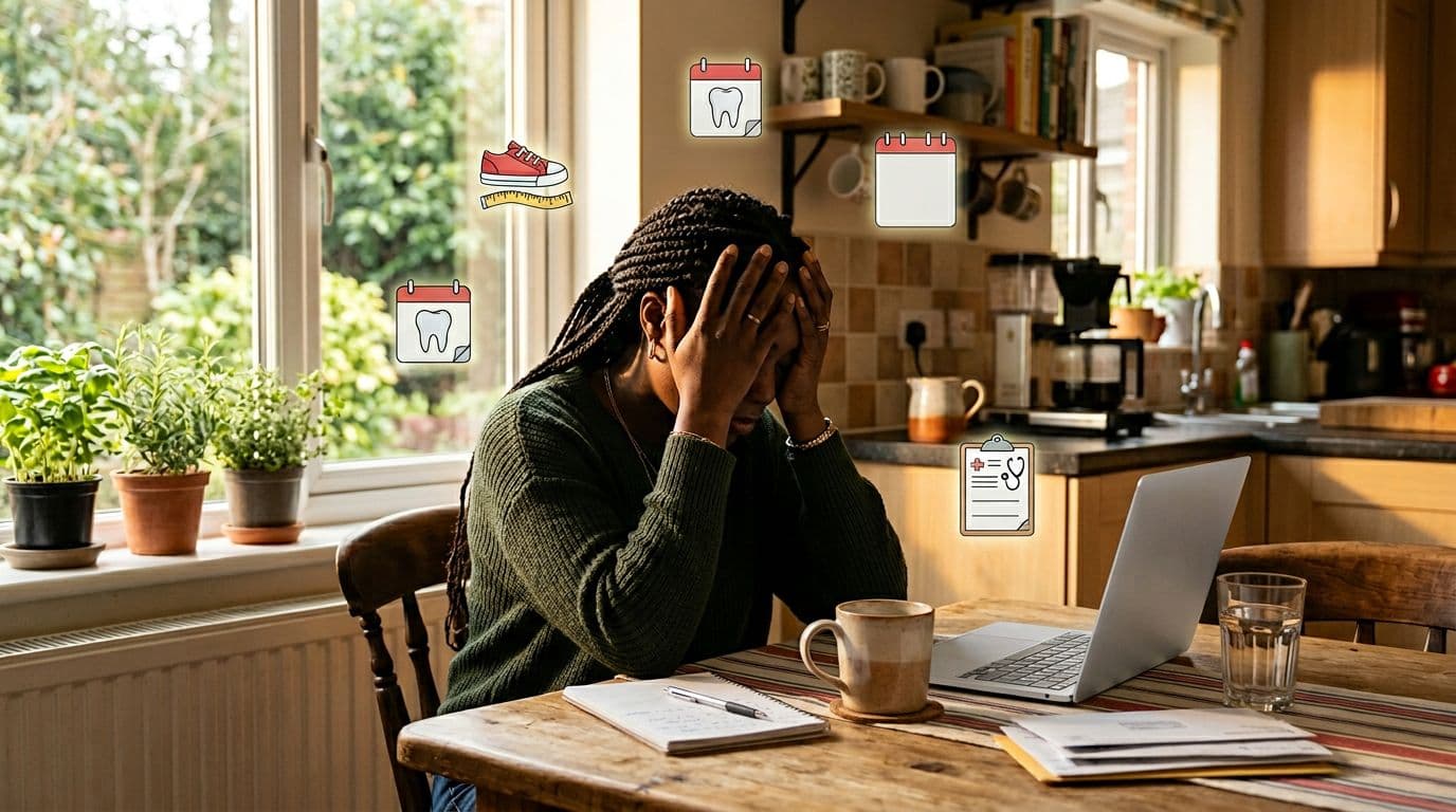 Realistic portrait of a Black professional woman in her 30s sitting exhausted at her home kitchen table with head in hands, surrounded by floating icons of child's shoe size, dentist appointment, school schedule, and doctor's notes symbolizing mental load, bathed in warm morning light. exhausted from parenting mental load.
