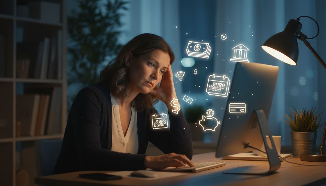 A tired professional woman in her 40s sits at a dimly lit home office desk at night, head resting on her hand with subtle worry, faint bills, calendar, and bank icons floating nearby, illustrating financial mental load stress.
