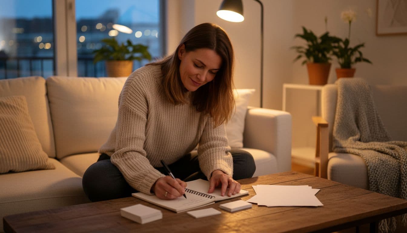 A calm woman in her 30s writes intently in an open notebook on a wooden table in a cozy living room evening setting, her relaxed focused expression illuminated by soft lamp light, embodying the relief of externalizing financial thoughts.