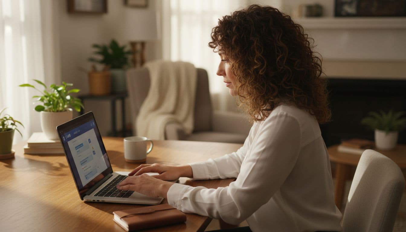 Realistic lifestyle photo of a professional woman in her mid-30s with curly hair, sitting at a wooden desk in a cozy living room, focused on typing into a laptop displaying a blurred ChatGPT Projects interface for her personal journal project.