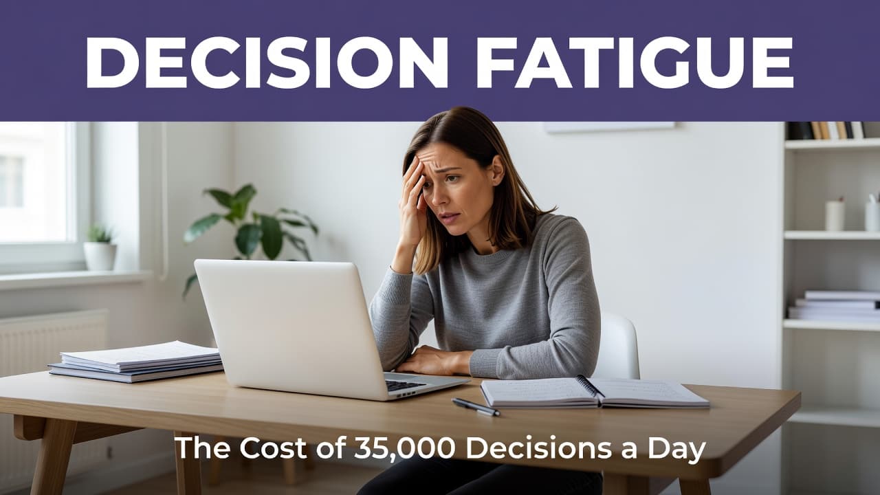 A woman sits at a desk with a laptop and notebook, looking pensive. A bold dark purple banner across the top displays the text Decision Fatigue in geometric sans-serif font.