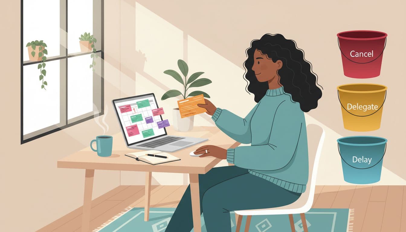 A diverse woman with curly hair sits at a cozy wooden desk in a bright home office, dragging cluttered calendar events into color-coded digital buckets labeled Cancel (red), Delegate (yellow), and Delay (blue) on her laptop.
