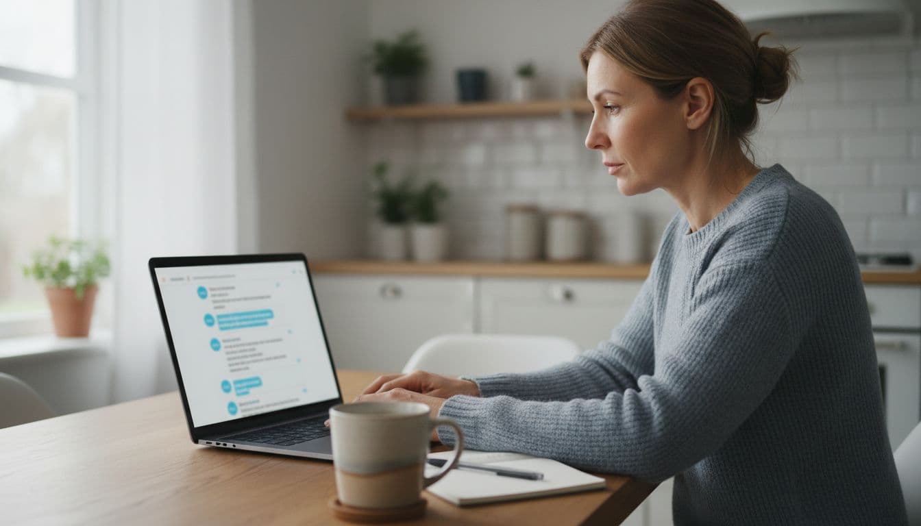A woman in her 40s at a kitchen table uses a laptop to type a list into a chat interface, bathed in soft natural morning light, with a coffee mug nearby and blurred generic chat bubbles on the screen.